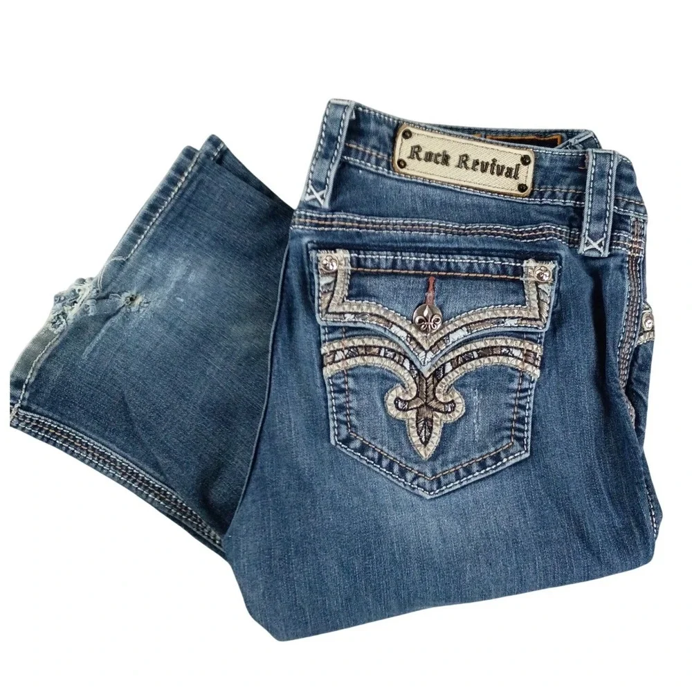 Rock Revival Kaylee Boot Womens 32 34X34 Blue Rhinestone Embroidered‎ Distressed